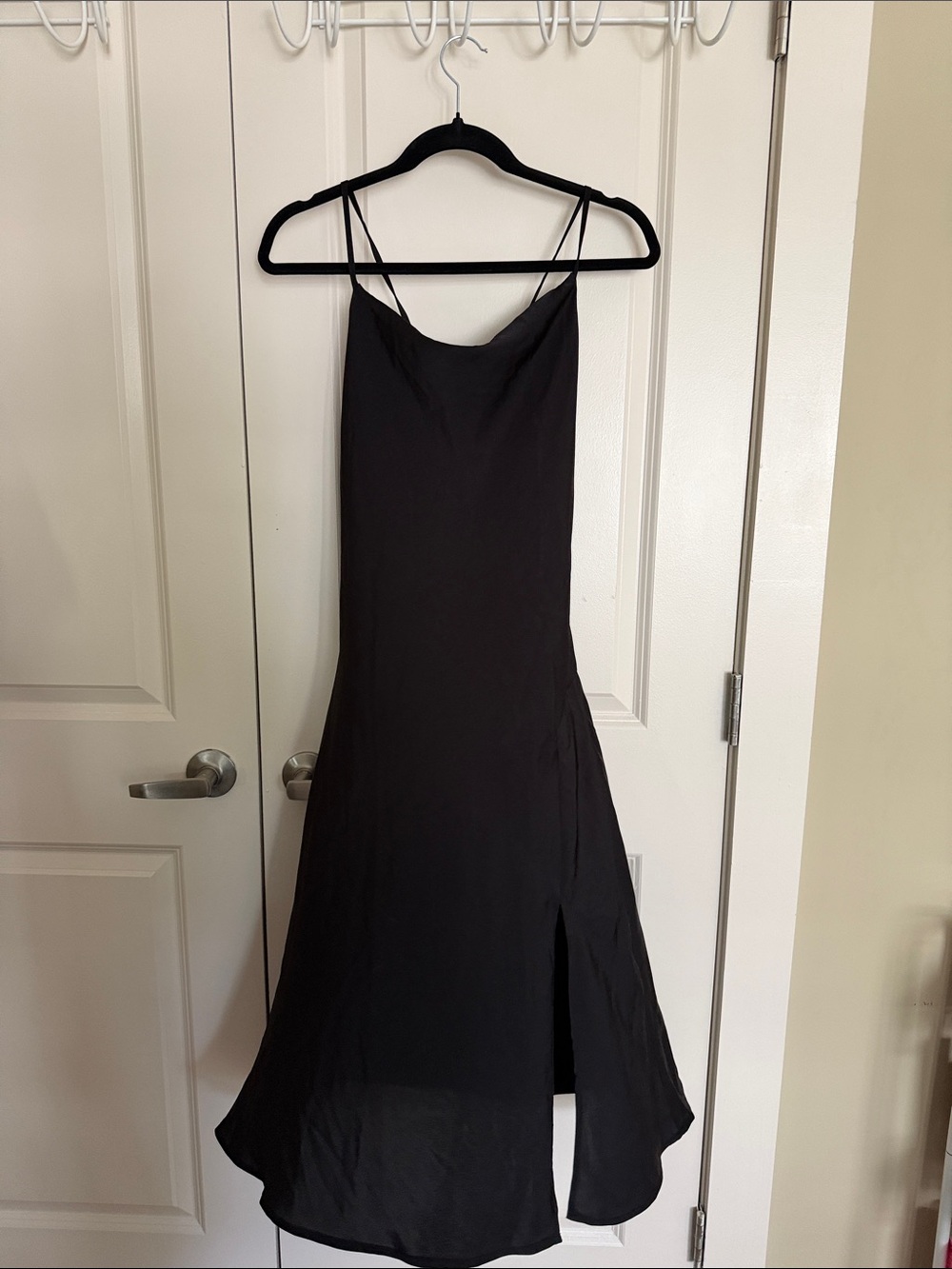 Cross over tie back Black Slip Midi Dress with Side Slit